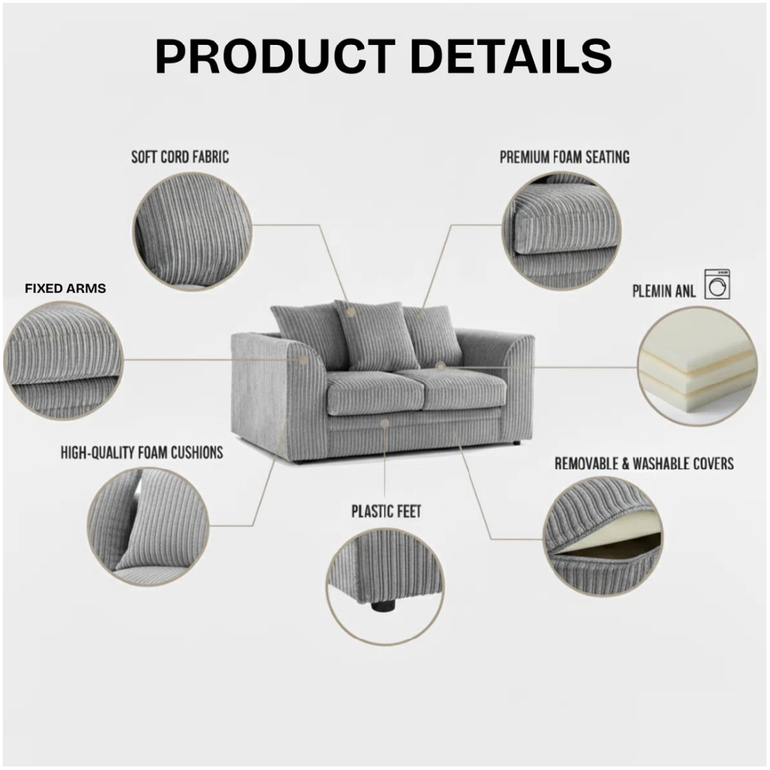 Grey Jumbo Cord Truro 3 + 2 Sofa Set
