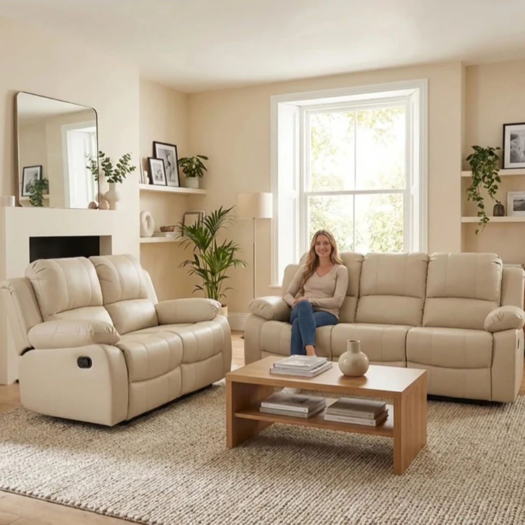 Valencia Cream Leather Recliner 3+2 Seater Sofa Set