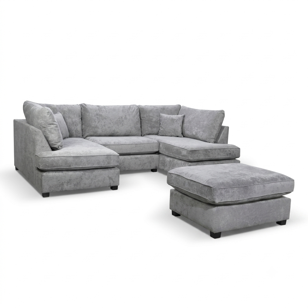 Carnaby Cinema Grey Fabric U Shape High Back Corner Sofa + Footstool