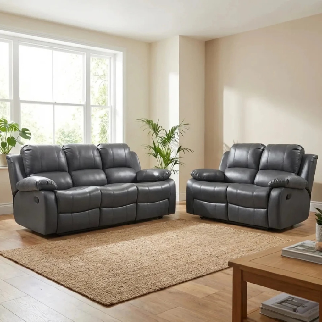 Valencia Grey Leather Recliner 3+2 Seater Sofa Set