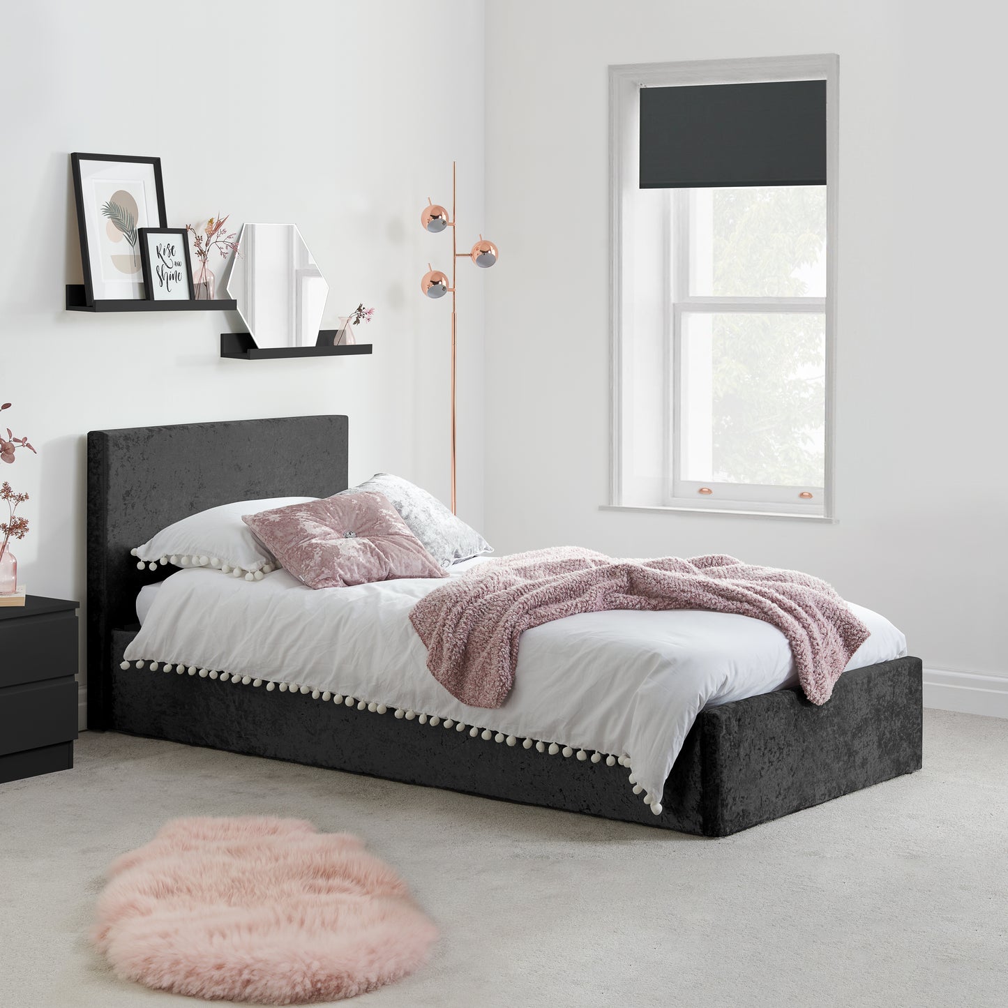 Bonn Berlin Ottoman Black Crushed Velvet Single Bed + Air Single Mattress