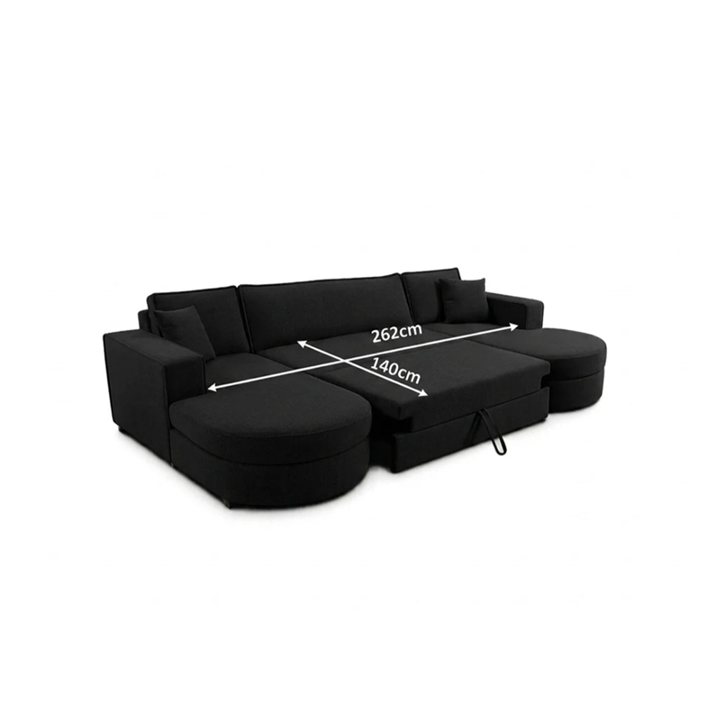 Buckingham Black Enzo Fabric Storage U Shape Sofa/Bed