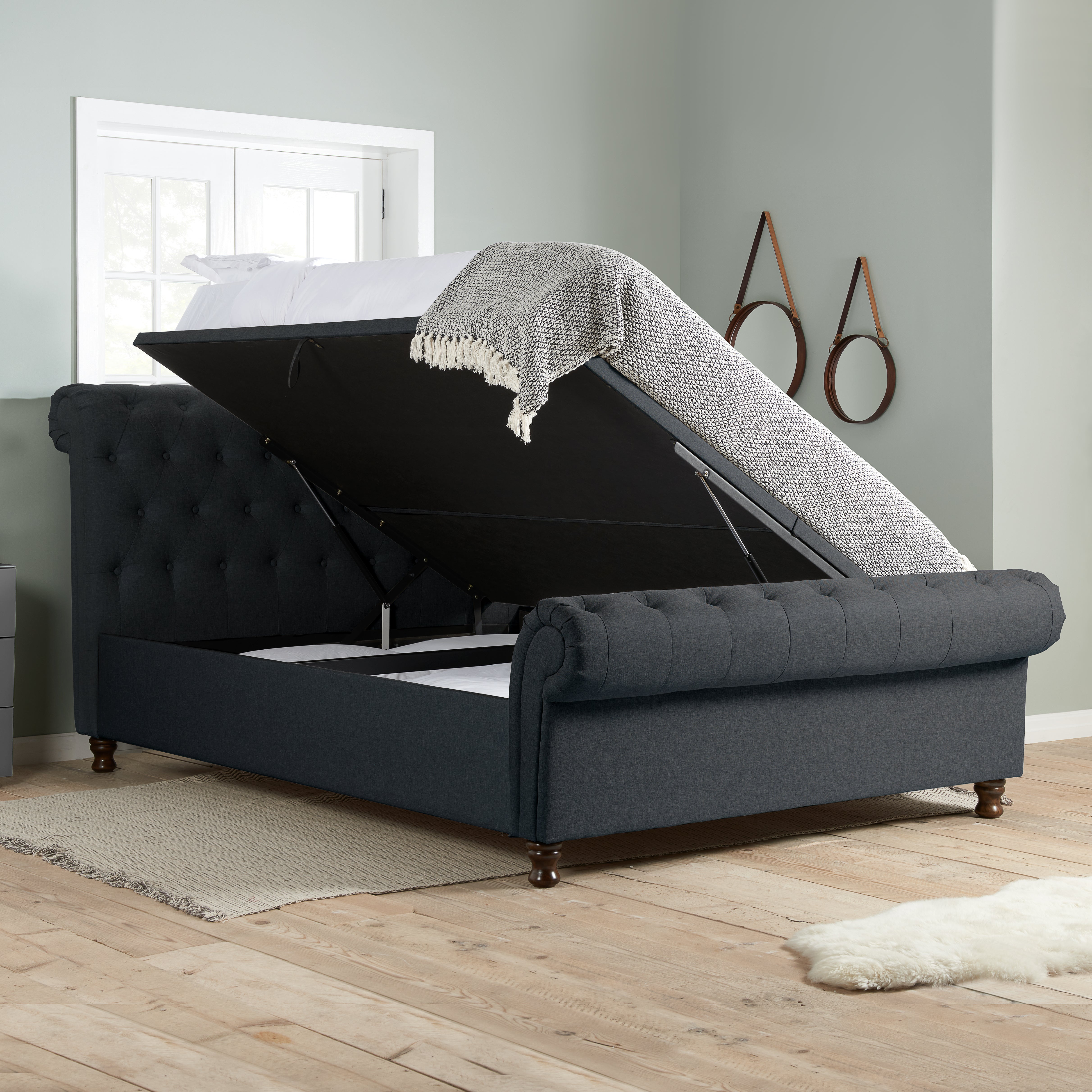 Castello Charcoal Side Ottoman Double  Bed + Bliss Double Mattress