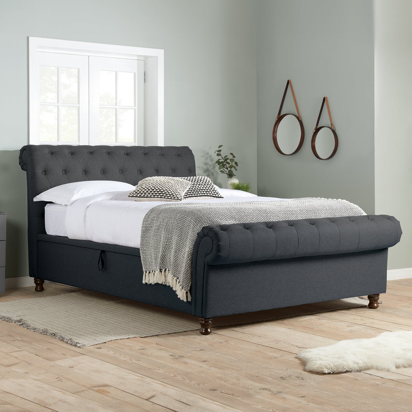 Castello Charcoal Side Ottoman Double Bed + Bliss Double Mattress