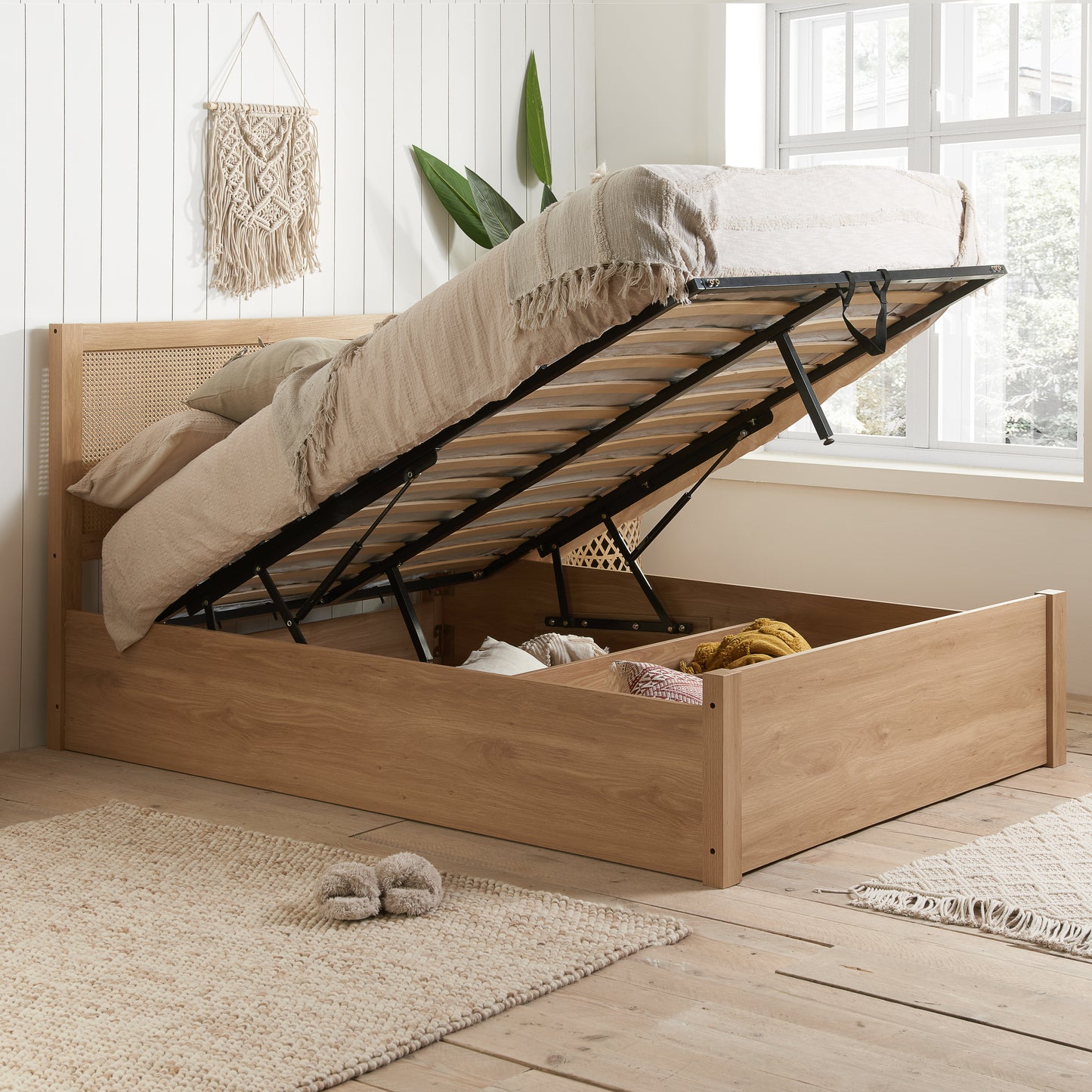 Croxley Oak Rattan Ottoman Double Bed + Heaven Double Mattress