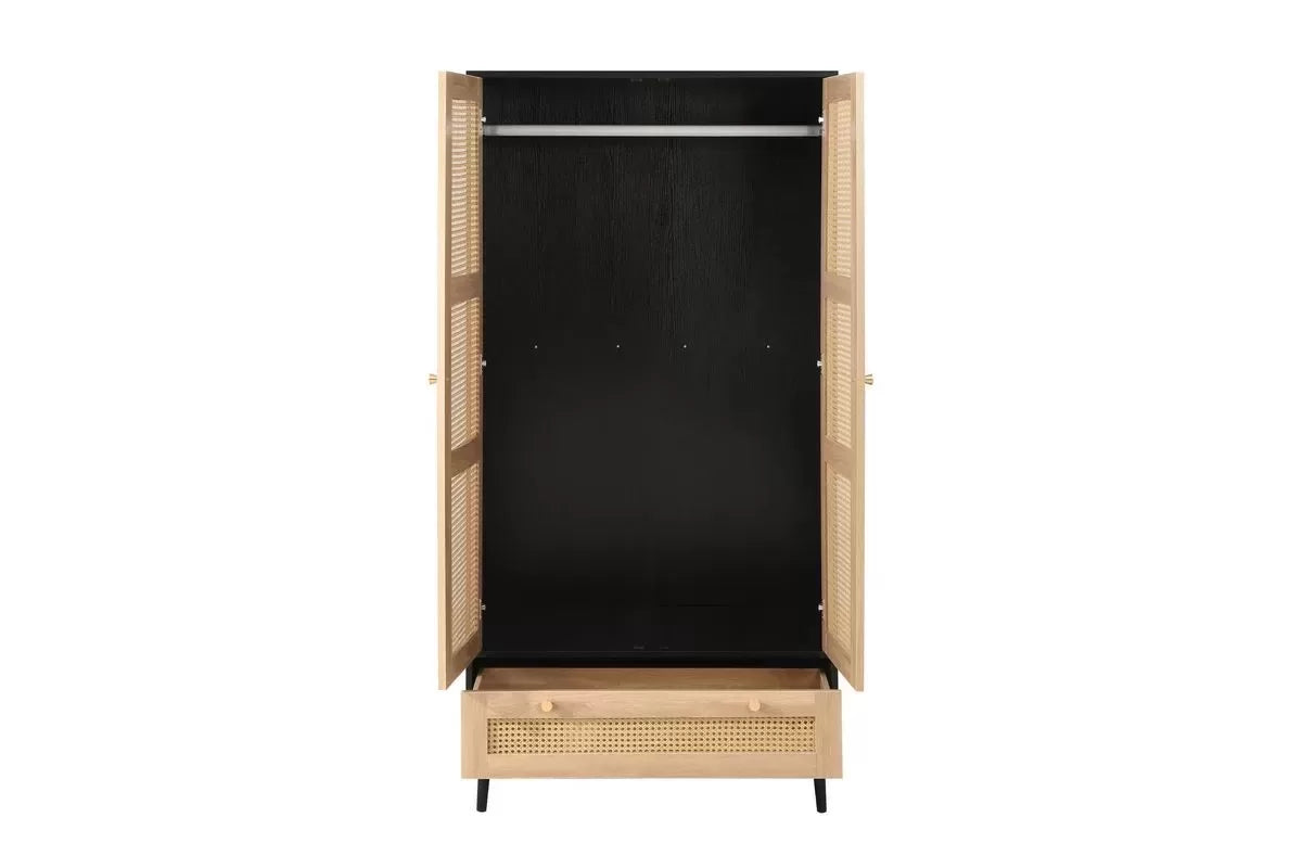 Croxley Black 2 Door 1 Drawer Rattan Wardrobe