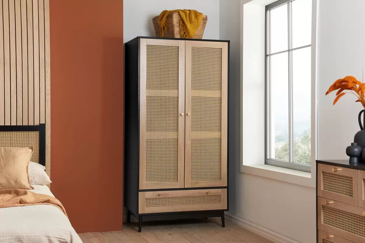 Croxley Black 2 Door 1 Drawer Rattan Wardrobe