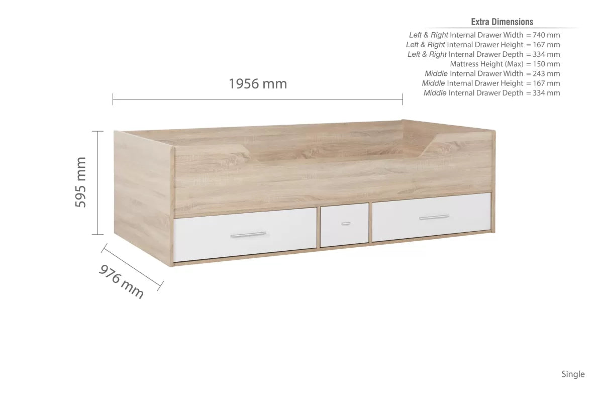 Camden Cabin Bed White/Oak + Single Comfort Mattress