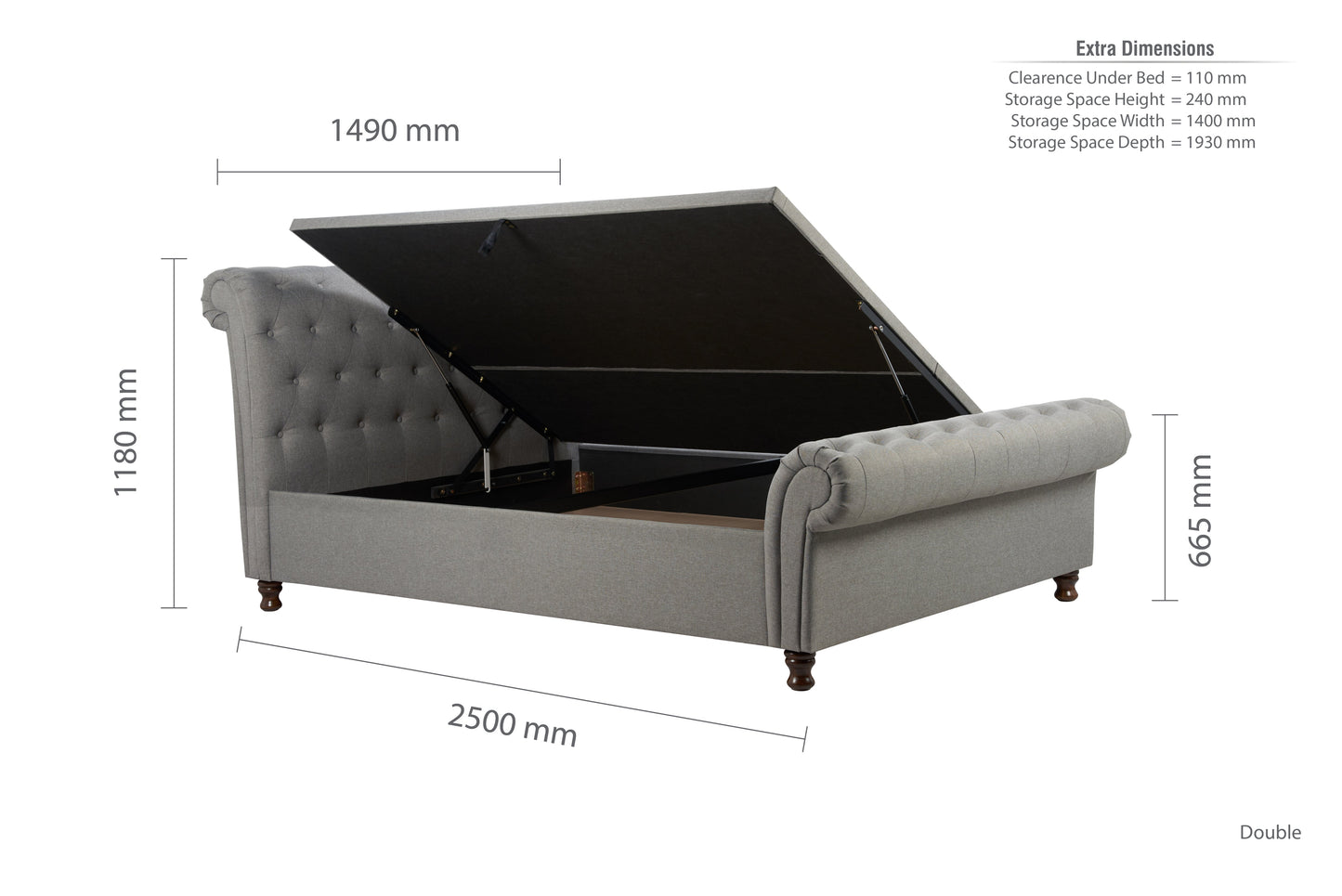 Castello Grey Side Ottoman Double Bed + Bliss Double Mattress