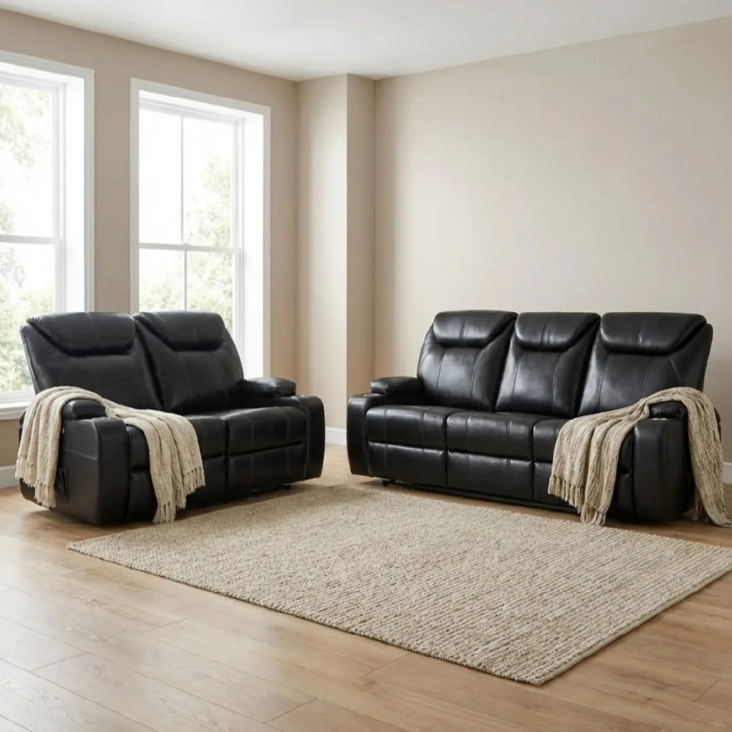 Cinema Black Electric Leather 3+2 Seater Recliner Sofa Set With Two Cup Holders