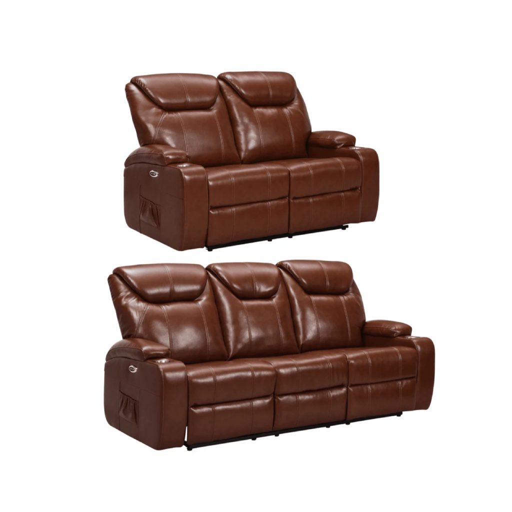 Cinema Tan Electric Leather 3+2 Seater Recliner Sofa Set With Two Cup Holders