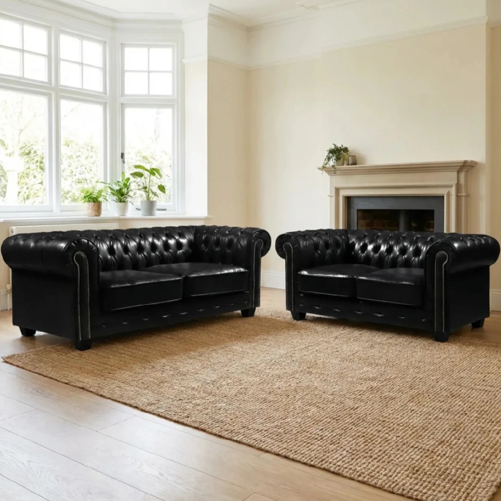 Cotswold Chesterfield Black Leather Antique 3 + 2 Seater Sofa Set