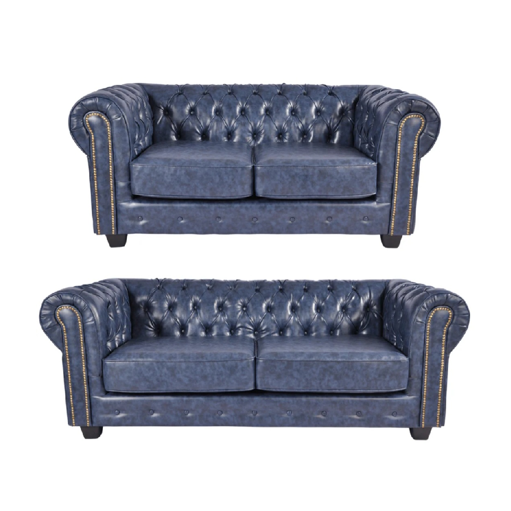 Cotswold Chesterfield Blue Leather Antique 3 + 2 Seater Sofa Set
