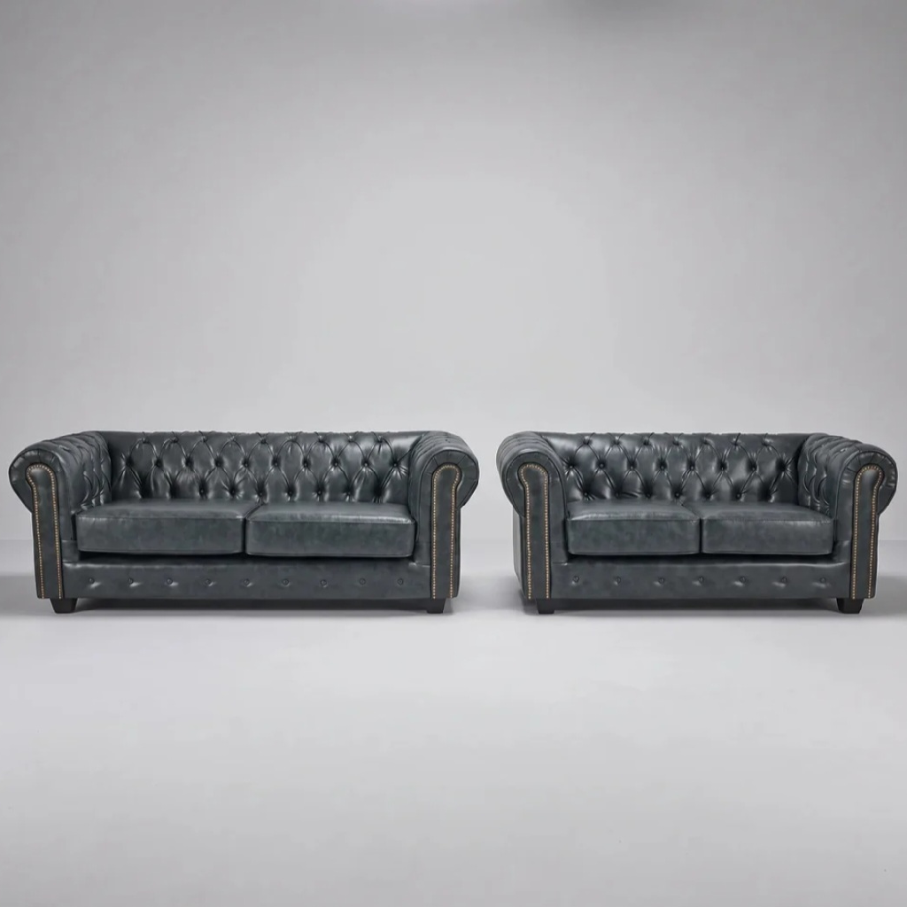 Cotswold Chesterfield Green Leather Antique 3 + 2 Seater Sofa Set