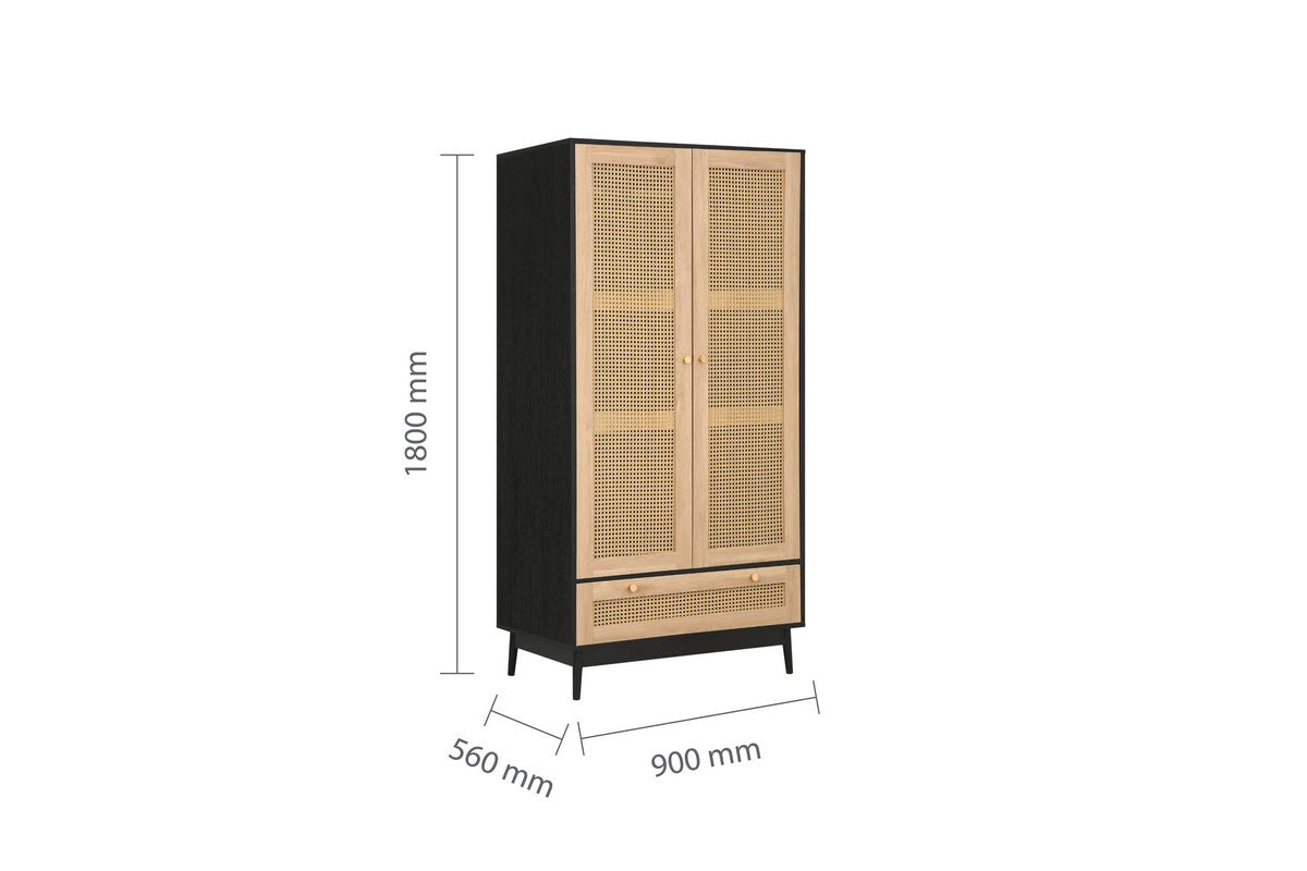 Croxley Black 2 Door 1 Drawer Rattan Wardrobe