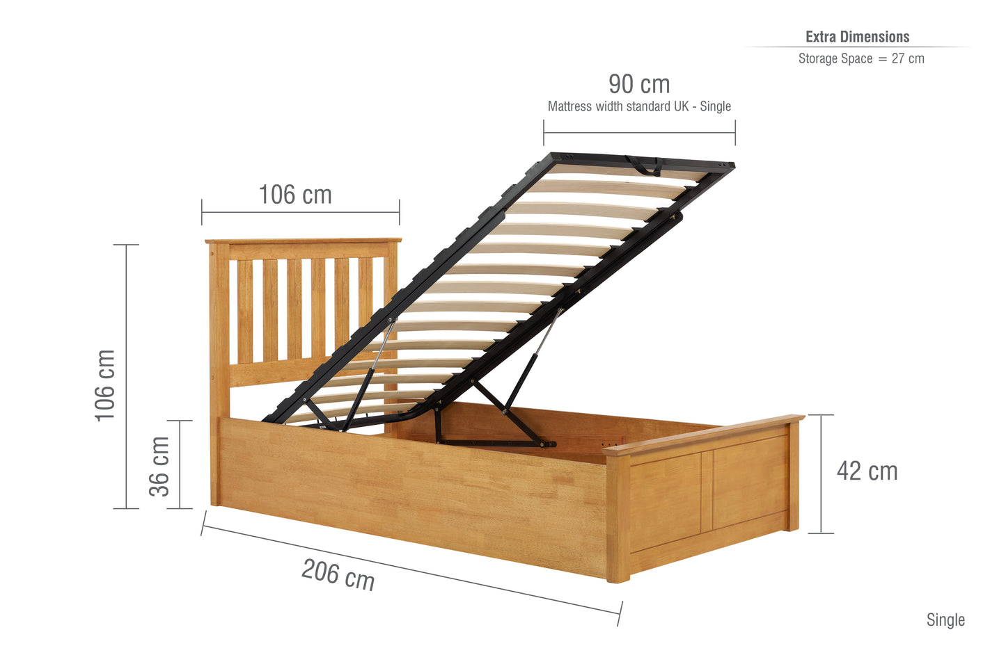 Pheonix Oak Ottoman Single Bed + Single Comfort Mattress