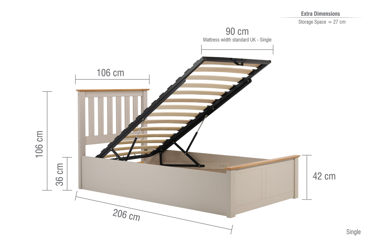 Pheonix Pearl Grey Ottoman Single Bed + Single Comfort Mattress