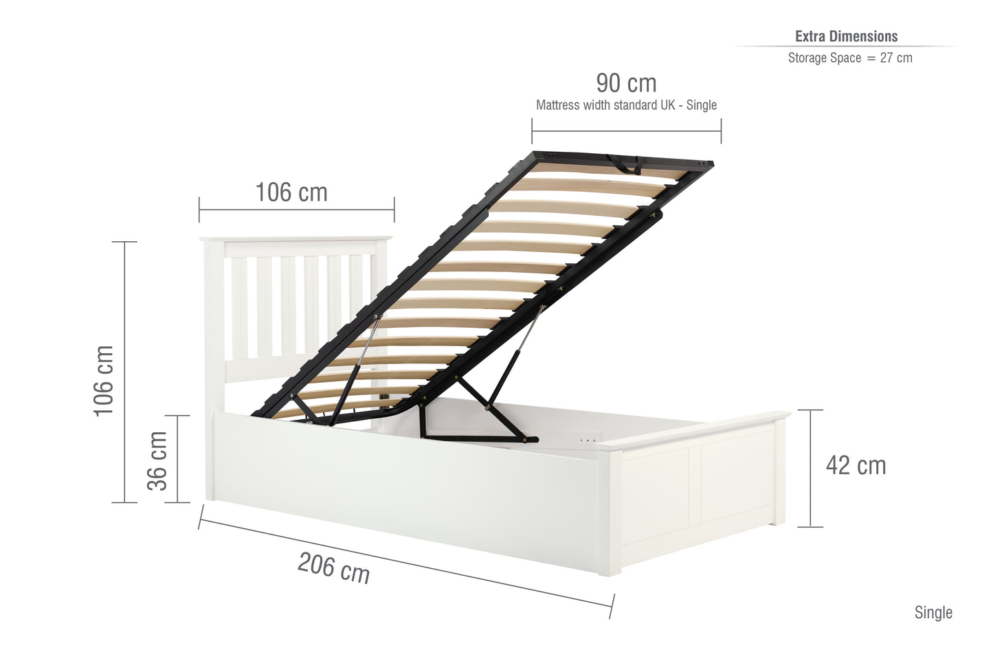 Pheonix White Ottoman Single Bed + Single Comfort Mattress