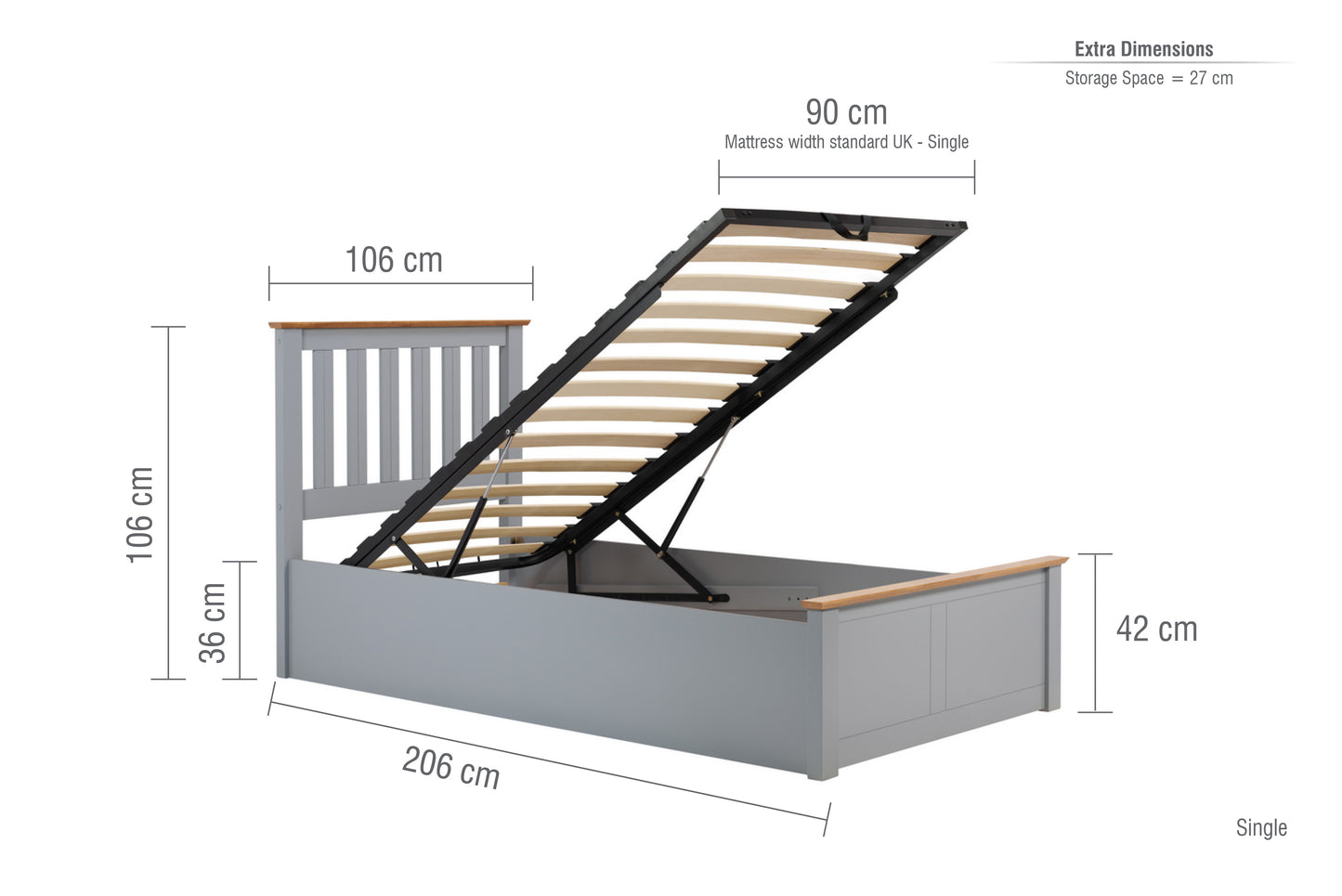 Pheonix Stone Grey Ottoman Storage Single Bed + Comfort Single Mattress