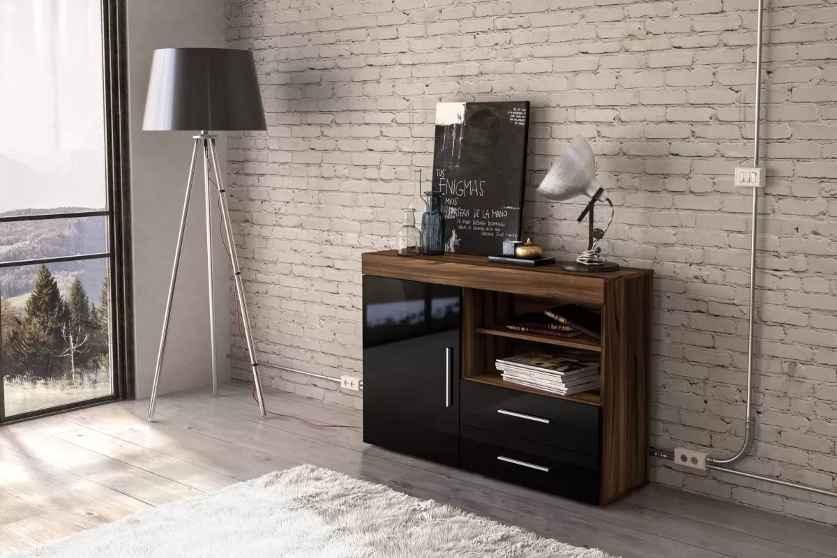 Edgeware Walnut & Black 1 Door 2 Drawer Sideboard
