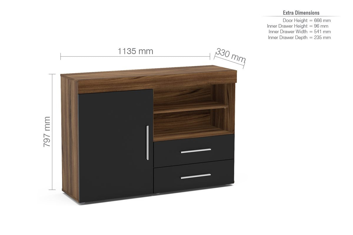 Edgeware Walnut & Black 1 Door 2 Drawer Sideboard