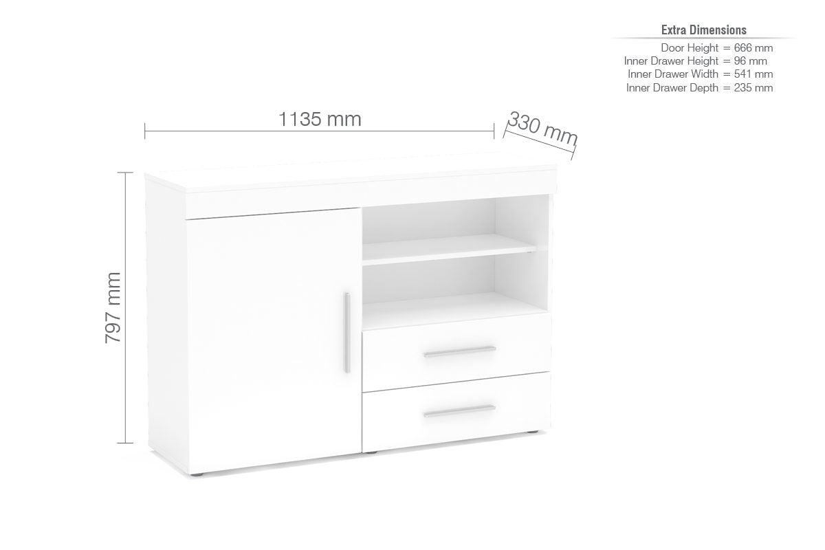 Edgeware White 1 Door 2 Drawer Sideboard