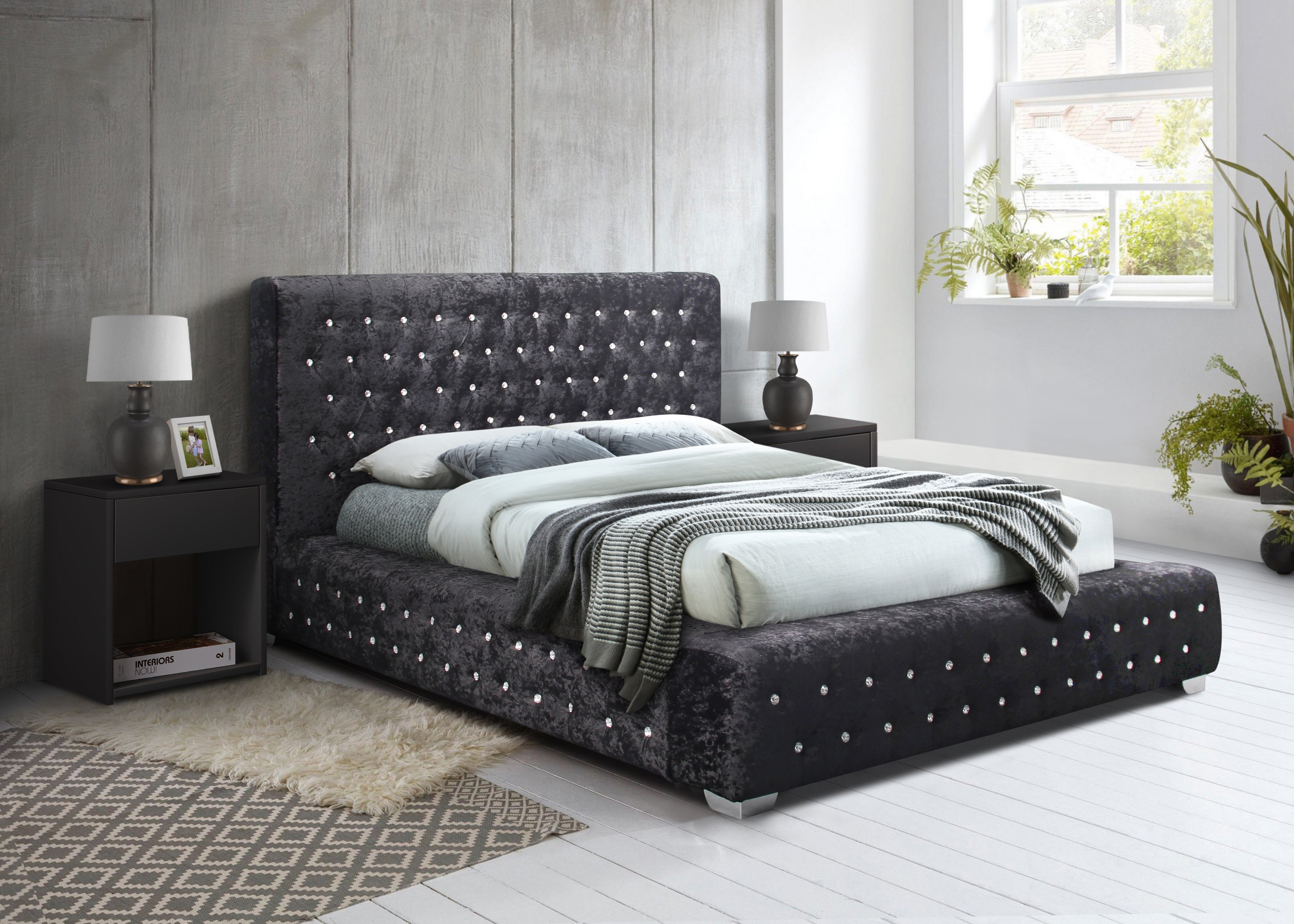 Grande Black Crushed Velvet Super King Bed + Super King Heaven Mattress