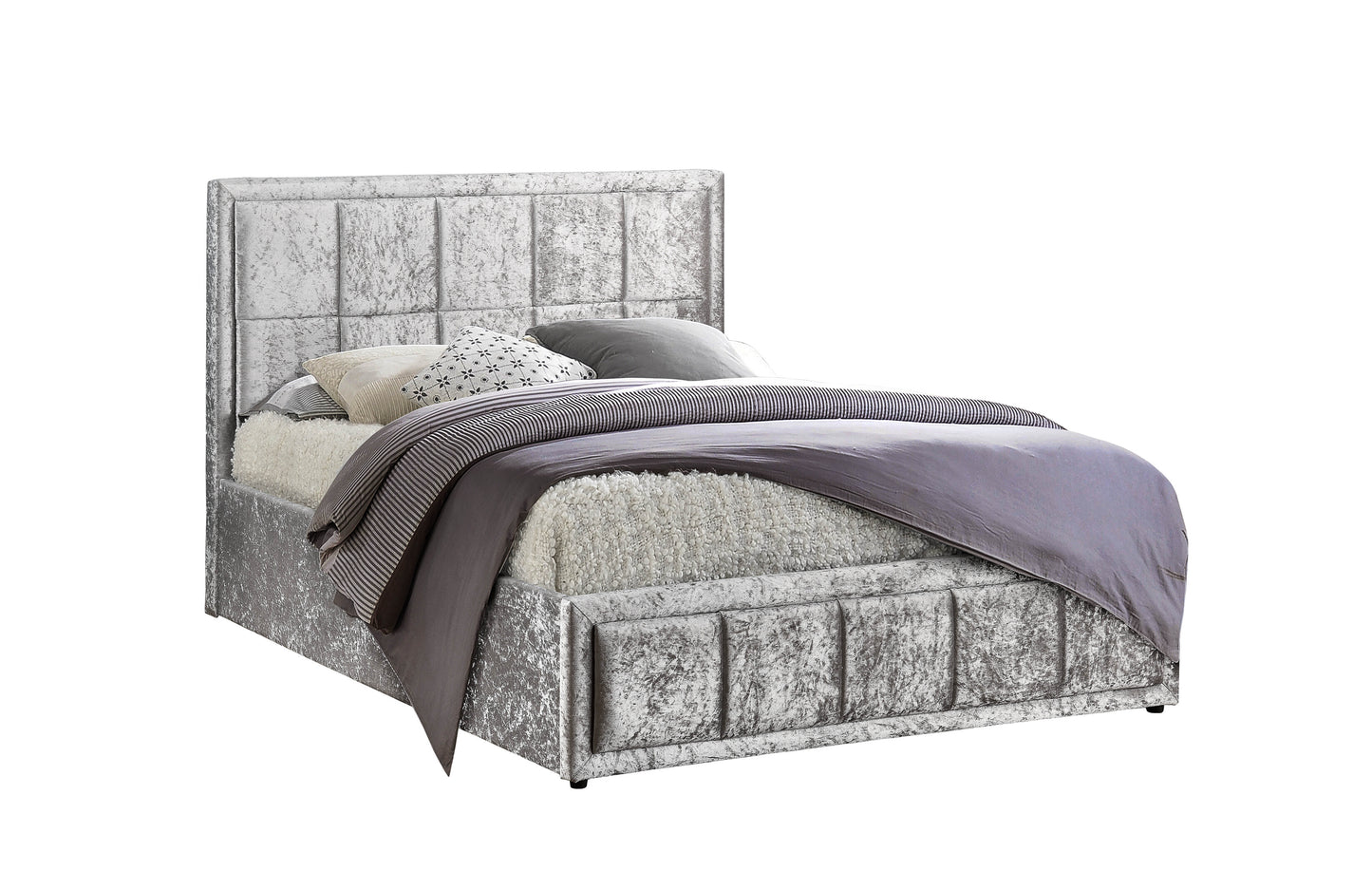 Hannover Steel Crushed Velvet Small Double Ottoman Bed + Comfort Small Double Mattress