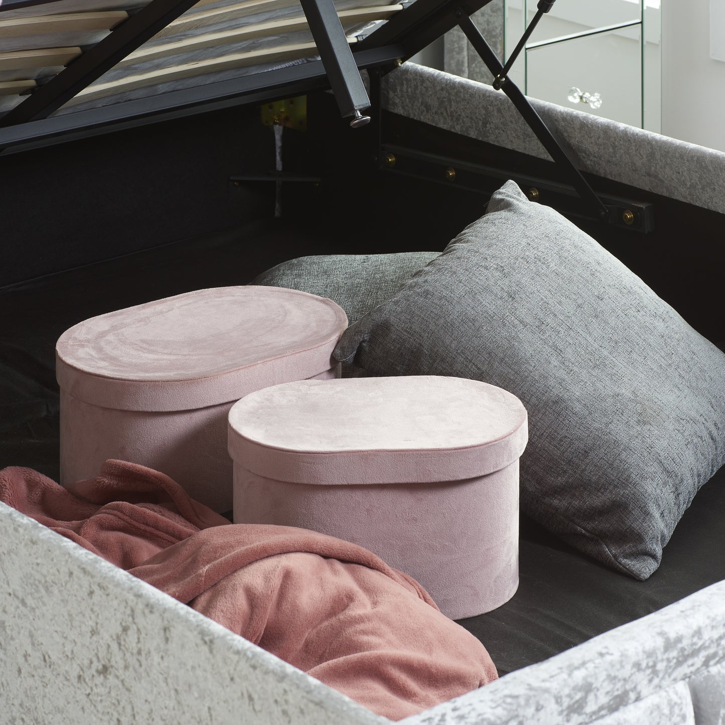 Hannover Steel Crushed Velvet Small Double Ottoman Bed + Comfort Small Double Mattress