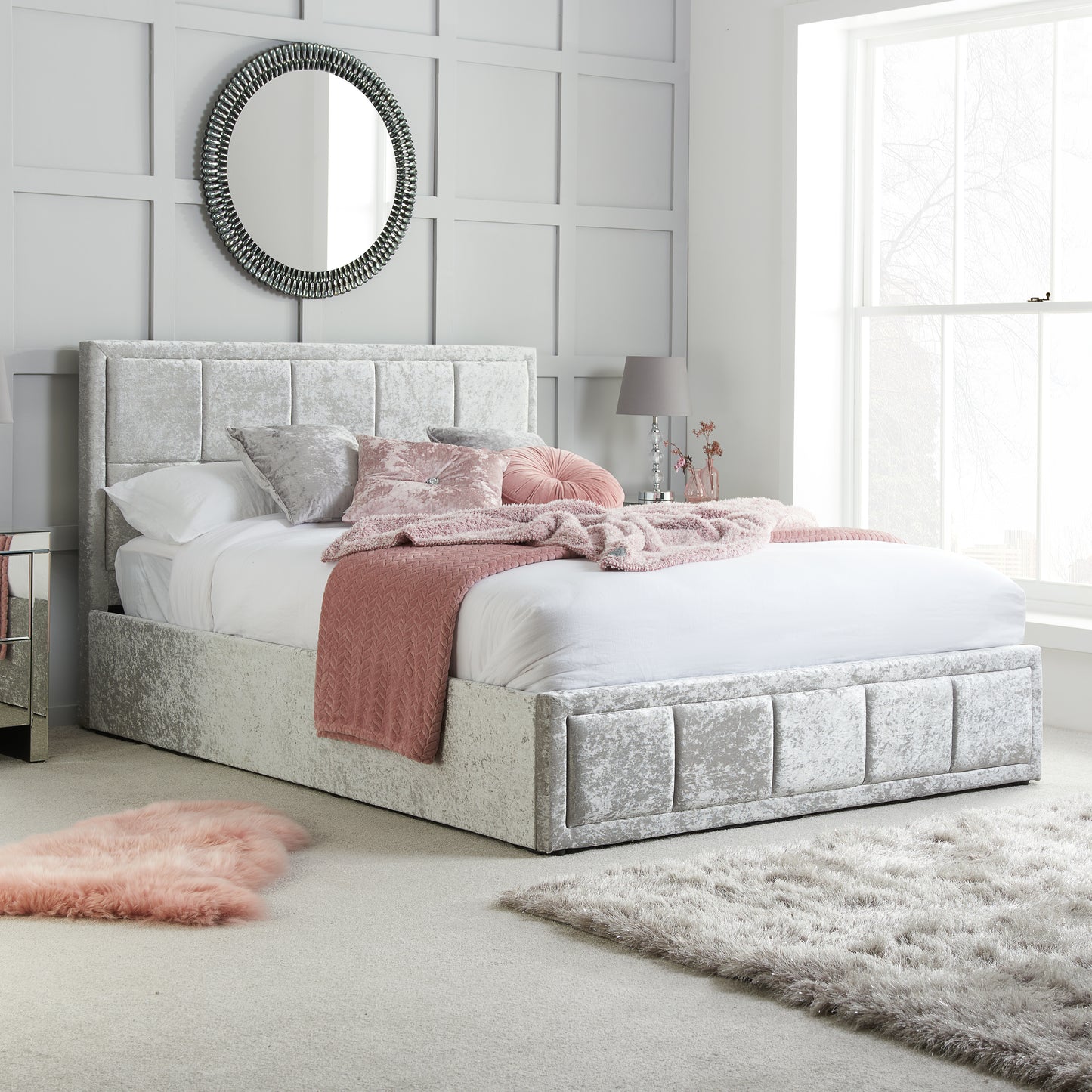 Hannover Steel Crushed Velvet Small Double Ottoman Bed + Comfort Small Double Mattress