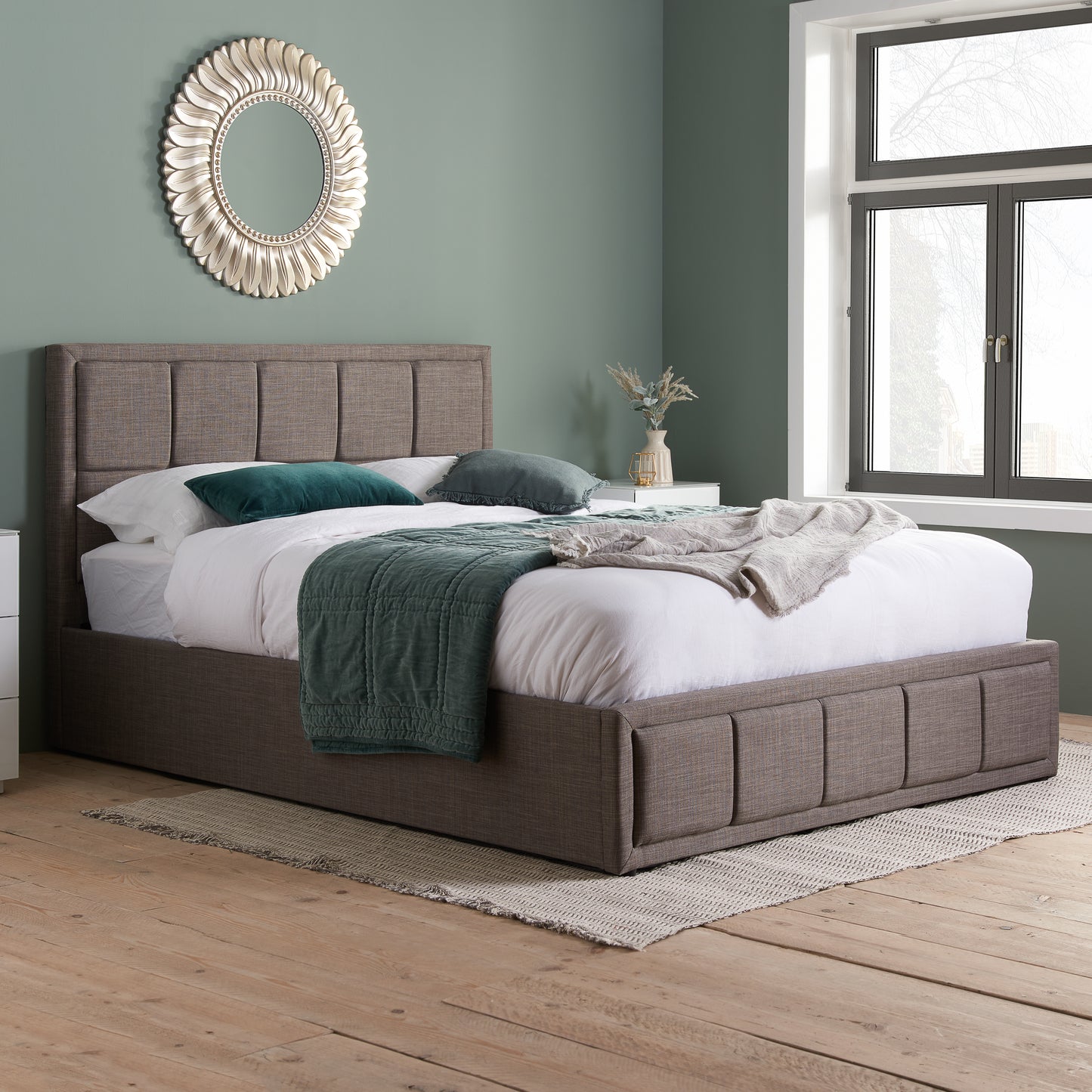 Hannover Grey Fabric Double Ottoman Bed + Comfort Double Mattress