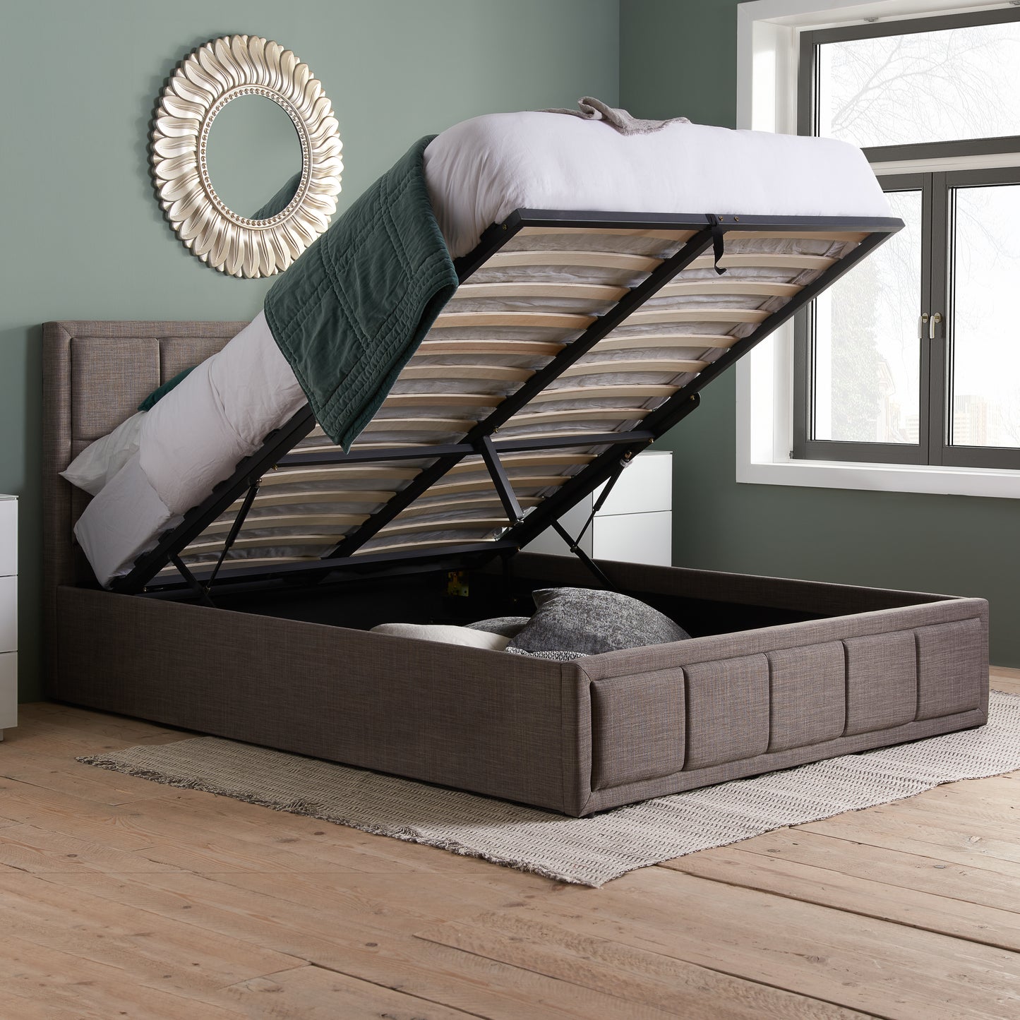 Hannover Grey Fabric Double Ottoman Bed + Comfort Double Mattress