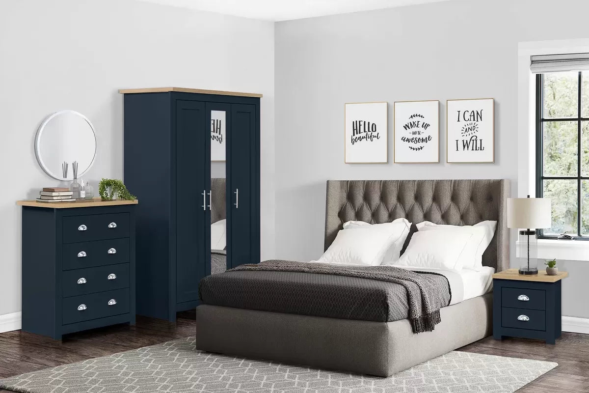 Highgate Navy Blue & Oak 3 Door Wardrobe With Mirror