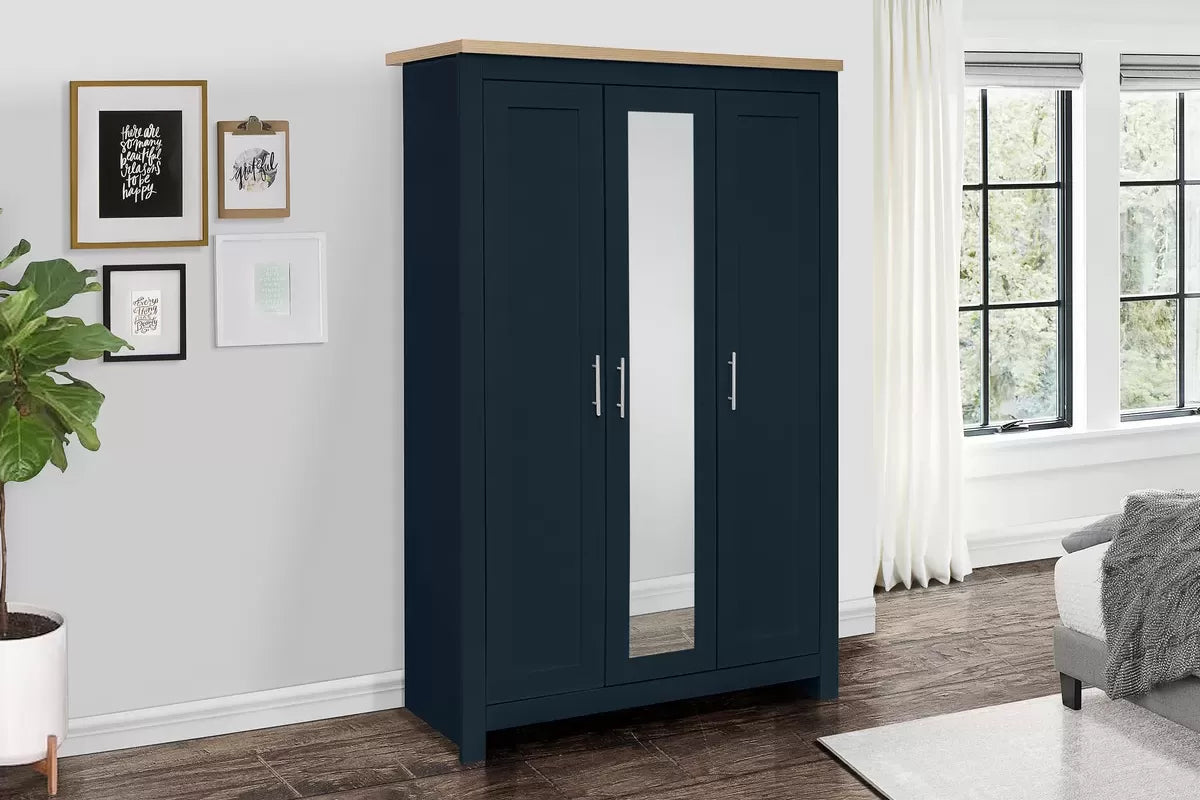 Highgate Navy Blue & Oak 3 Door Wardrobe With Mirror