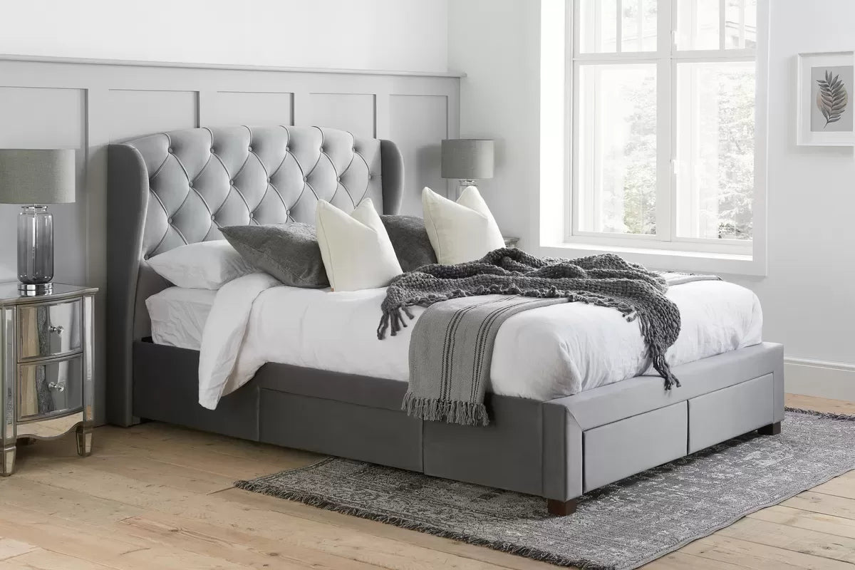 Hope Grey Fabric Storage Double Bed + Bliss Double Mattress