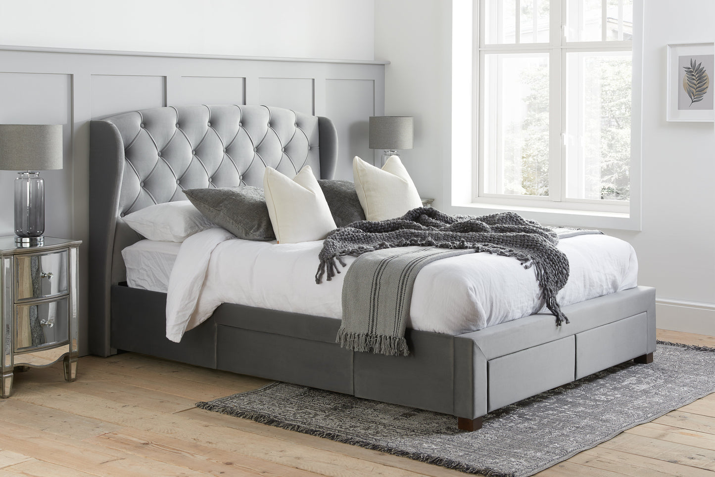 Hope Grey Fabric Storage King Bed + Bliss King Mattress