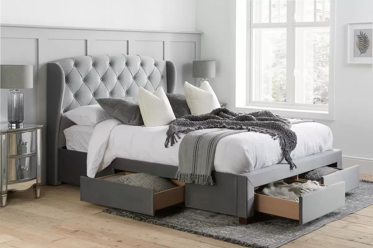 Hope Grey Fabric Storage Double Bed + Bliss Double Mattress