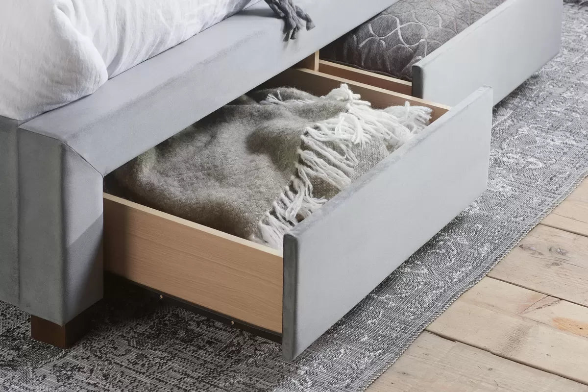 Hope Grey Fabric Storage King Bed + Bliss King Mattress