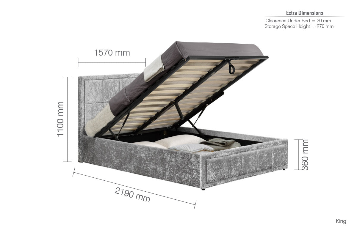 Hannover Steel Crushed Velvet King Ottoman Bed + Comfort King Mattress