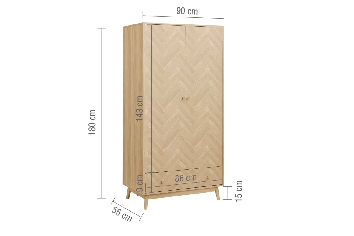 Herringford Oak 2 Door 1 Drawer Wardrobe