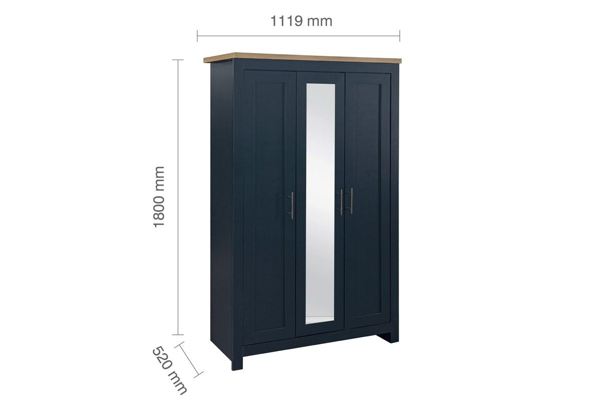Highgate Navy Blue & Oak 3 Door Wardrobe With Mirror