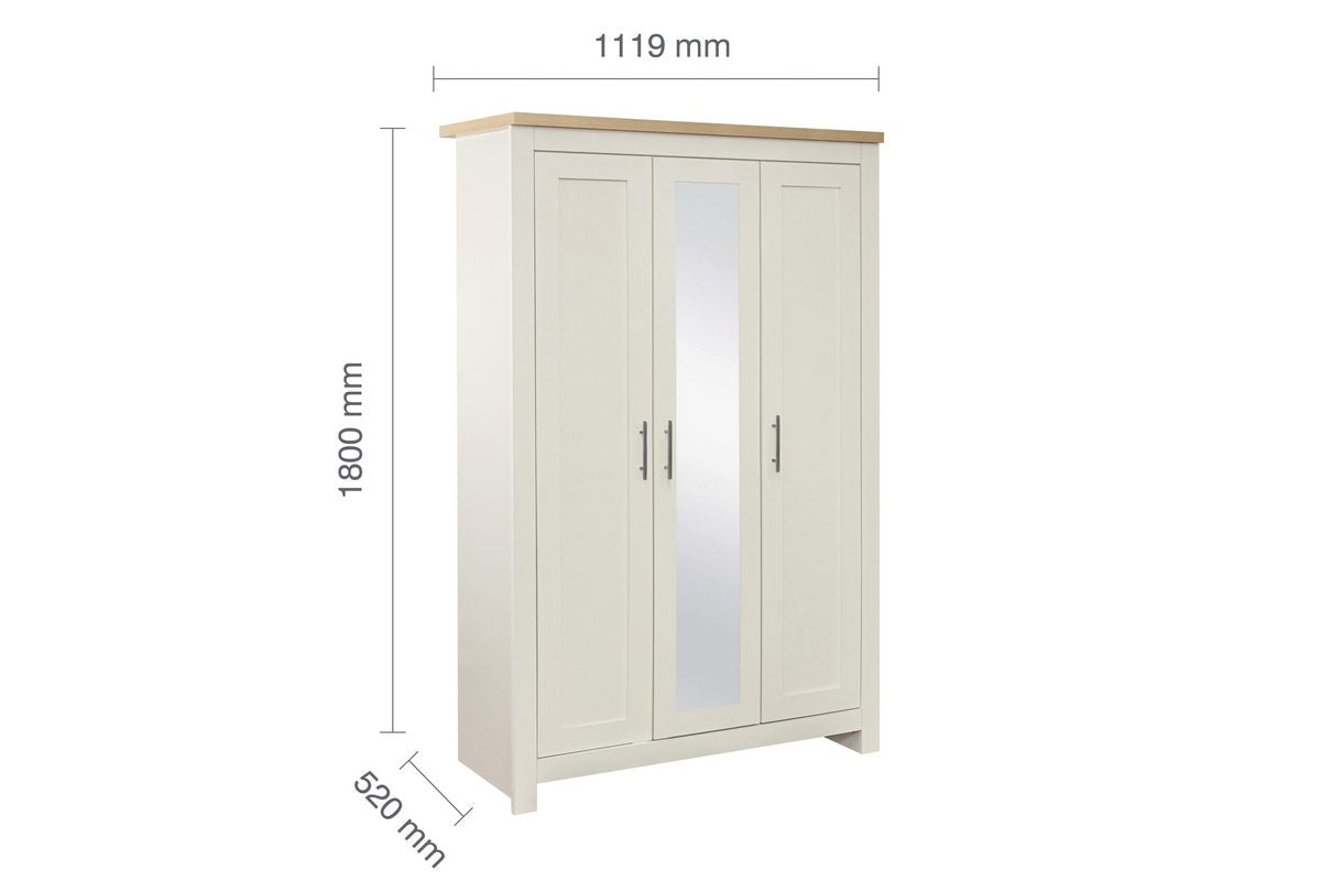 Highgate Cream & Oak 3 Door Wardrobe With Mirror
