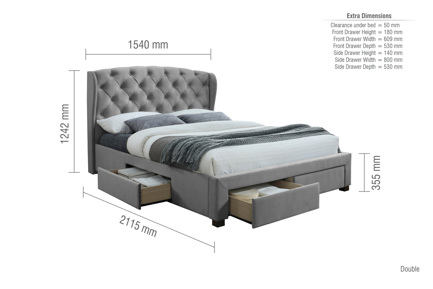 Hope Grey Fabric Storage Double Bed + Bliss Double Mattress