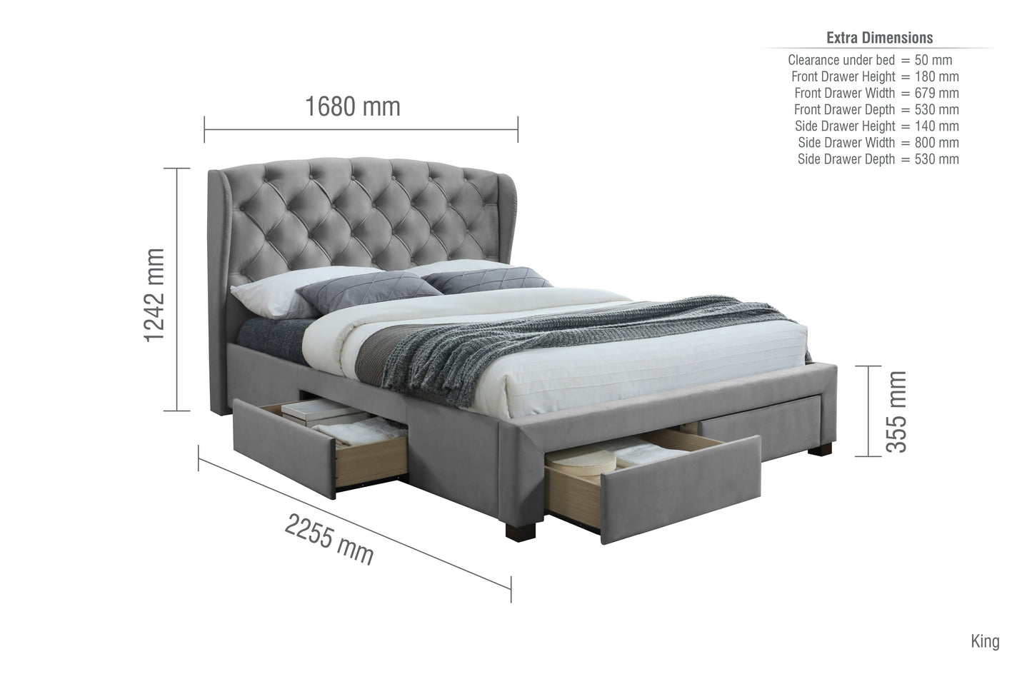 Hope Grey Fabric Storage King Bed + Bliss King Mattress