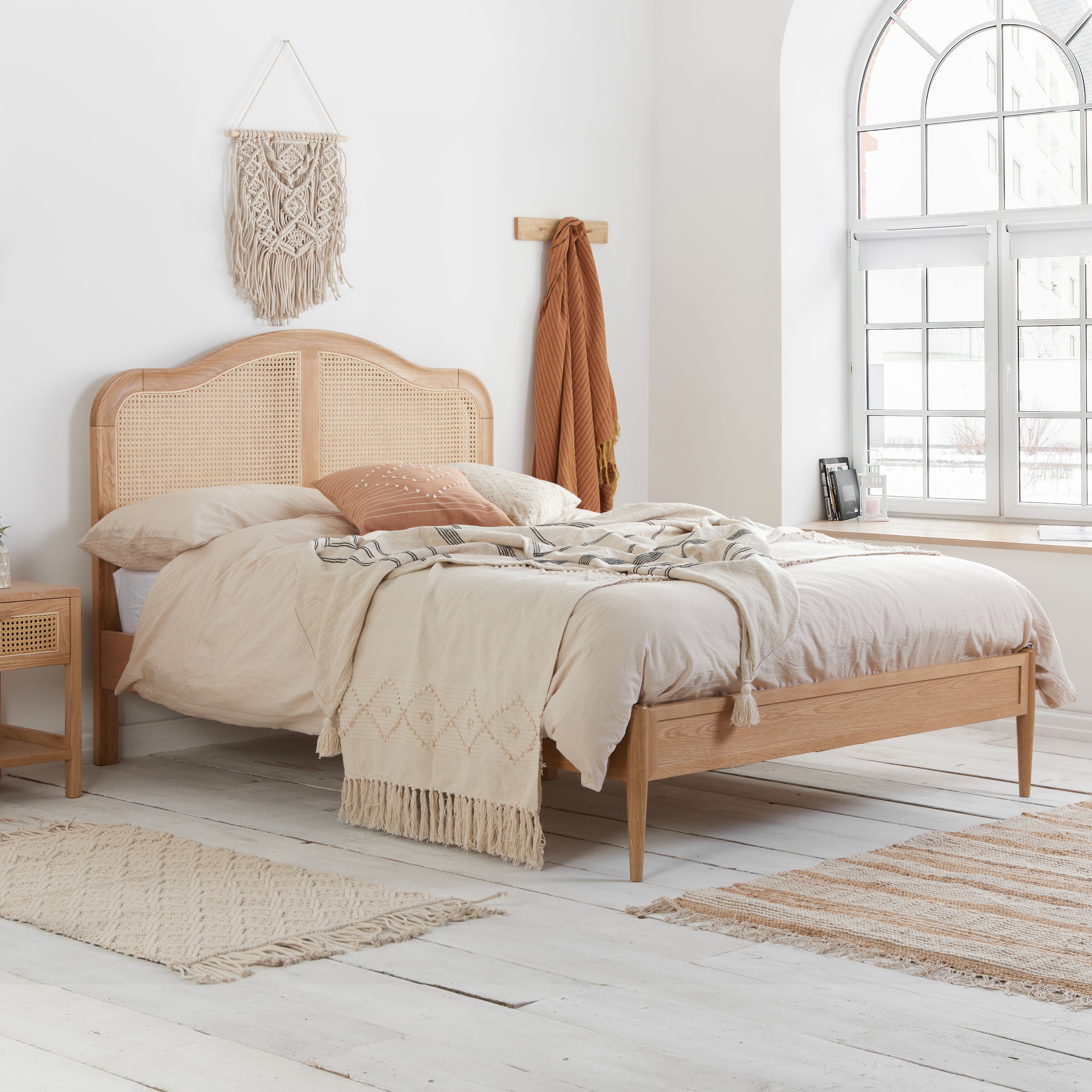 Leonie Oak Rattan Super King Bed + Super King Heaven Mattress