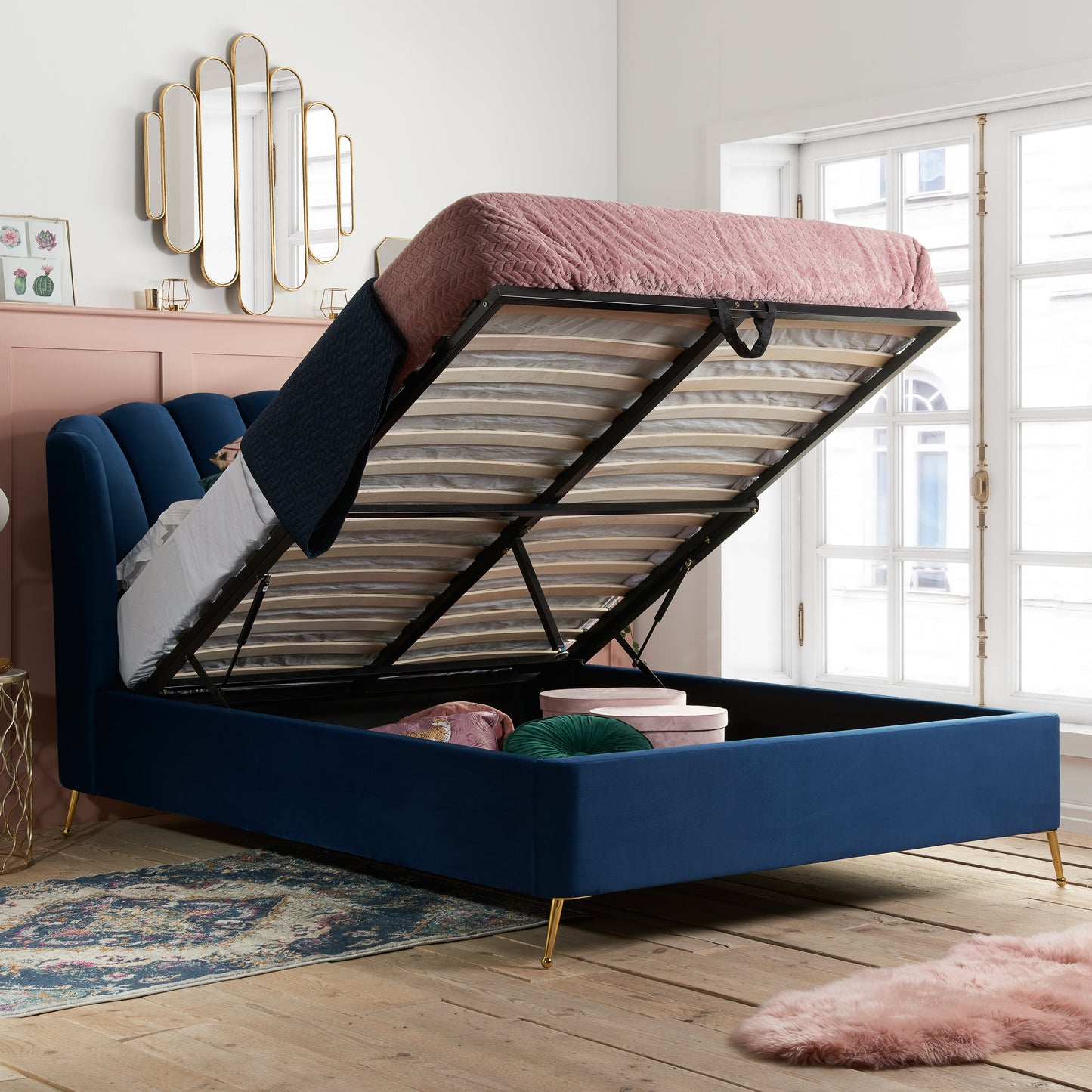 Lottie Midnight Blue Ottoman King Bed + Heaven King Mattress