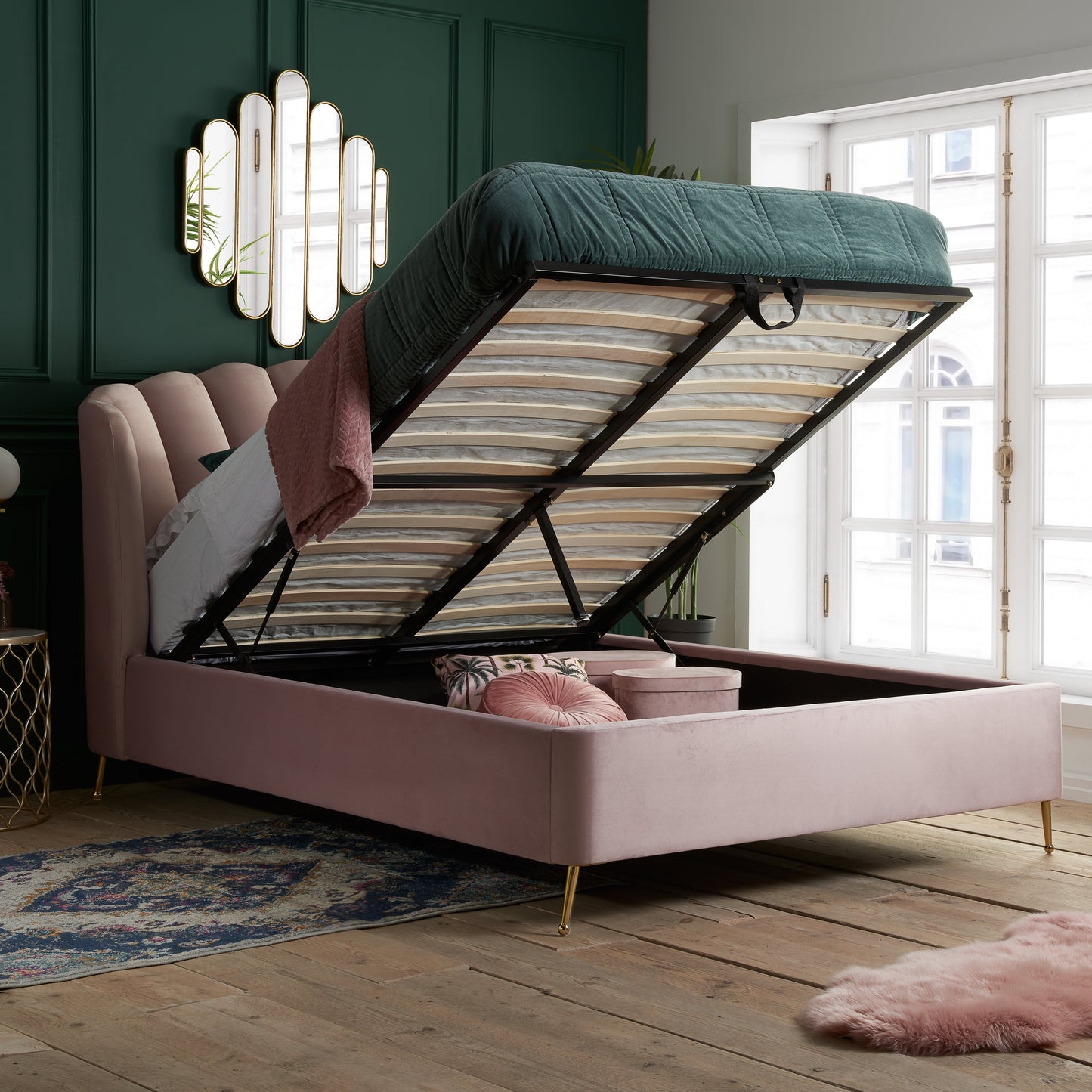 Lottie Pink Ottoman King Bed + Heaven King Mattress