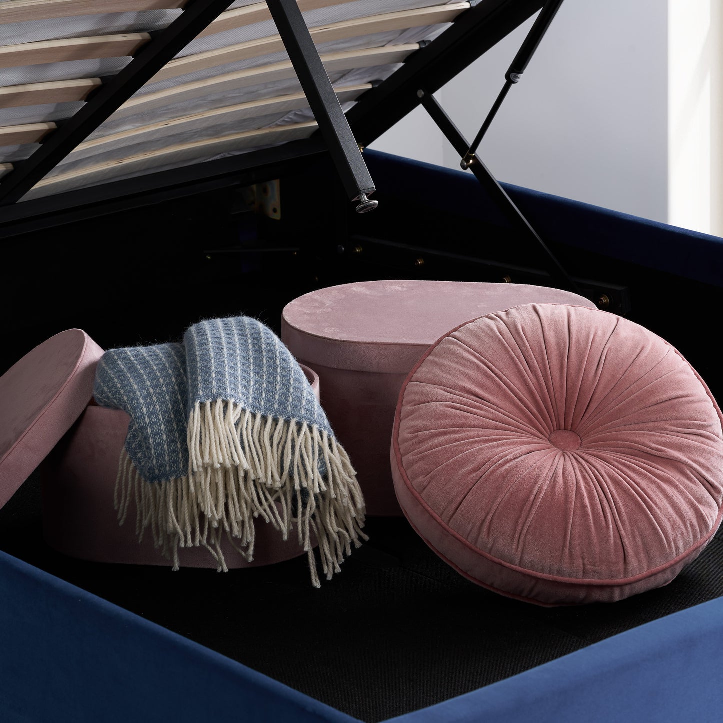 Loxley Blue Ottoman Double Bed + Comfort Double Mattress