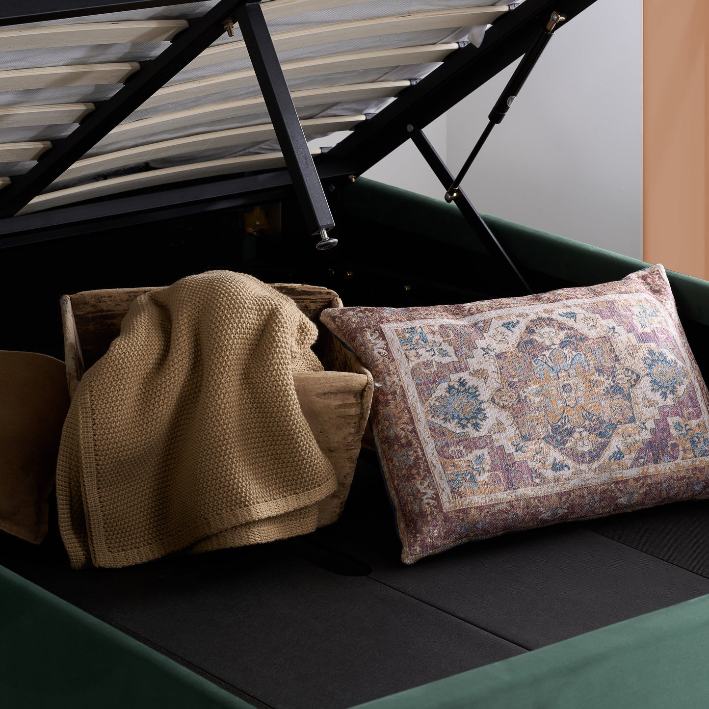 Loxley Green Ottoman King Bed + Comfort King Mattress