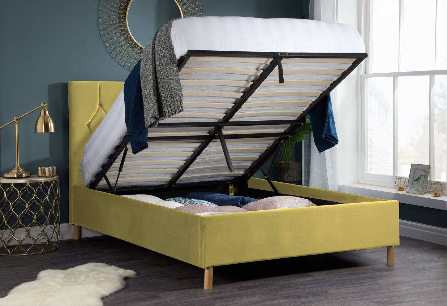 Loxley Mustard King Ottoman Bed + Comfort King Mattess